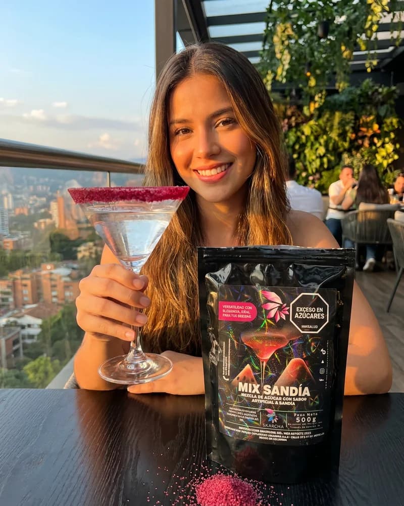 Mujer en terraza de Medellin con copa de coctel escarchada en sandia Skarcha y perlas explosivas LiquiPops junto a la bolsa mix sandia by LiquiPOPS