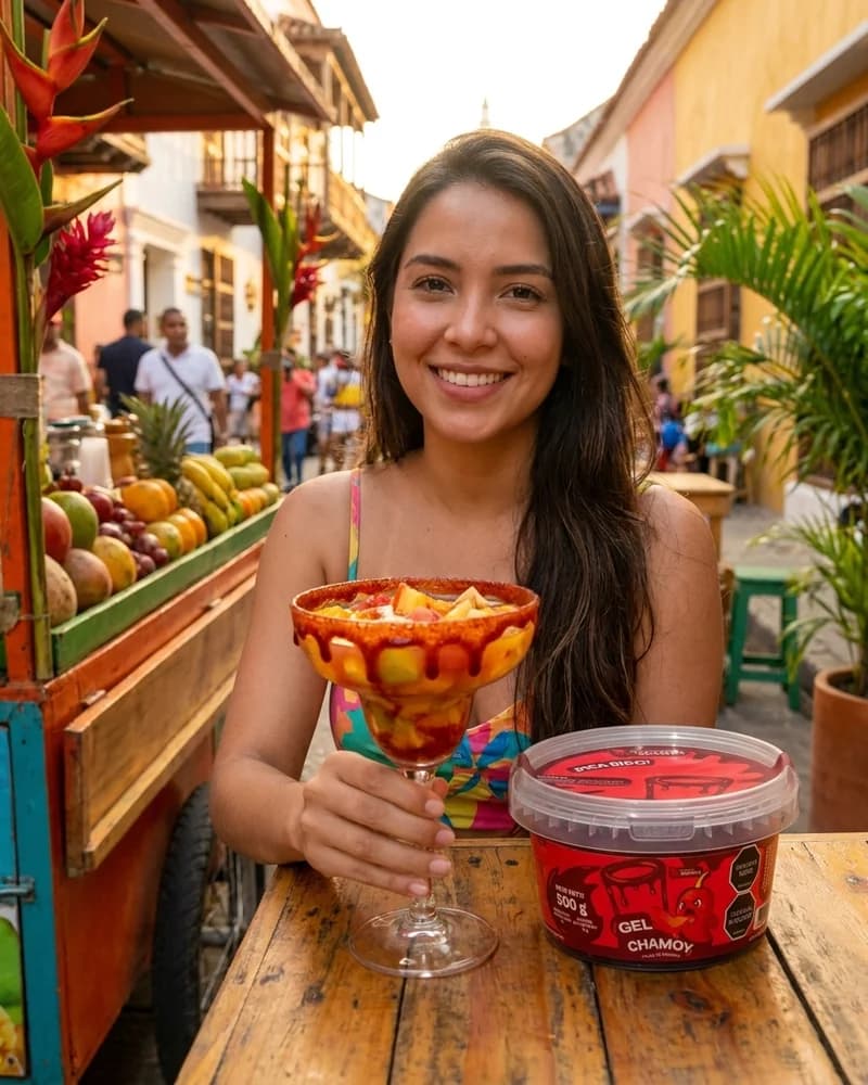 Mujer en calle de Cartagena con copa de frutas escarchada con gel chamoy Skarcha y perlas explosivas LiquiPops junto al envase by LiquiPOPS