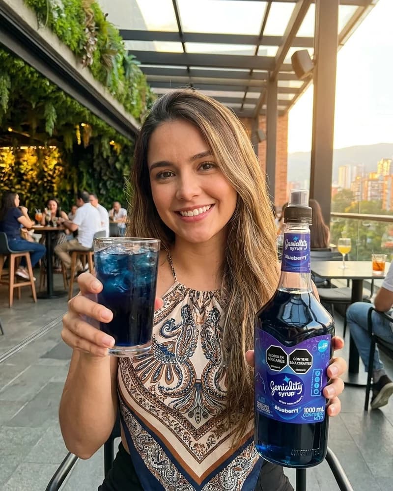 Persona disfrutando un cóctel azul preparado con sirope Geniality blueberry by LiquiPops — joven sonriente con botella en terraza de bar