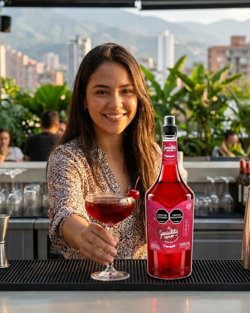Persona disfrutando un cóctel rojo preparado con sirope Geniality cereza by LiquiPops — joven sonriente con botella en bar al aire libre