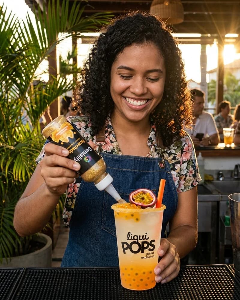 Persona escarchando un vaso de bebida con sirope Geniality y perlas explosivas LiquiPops en exteriores