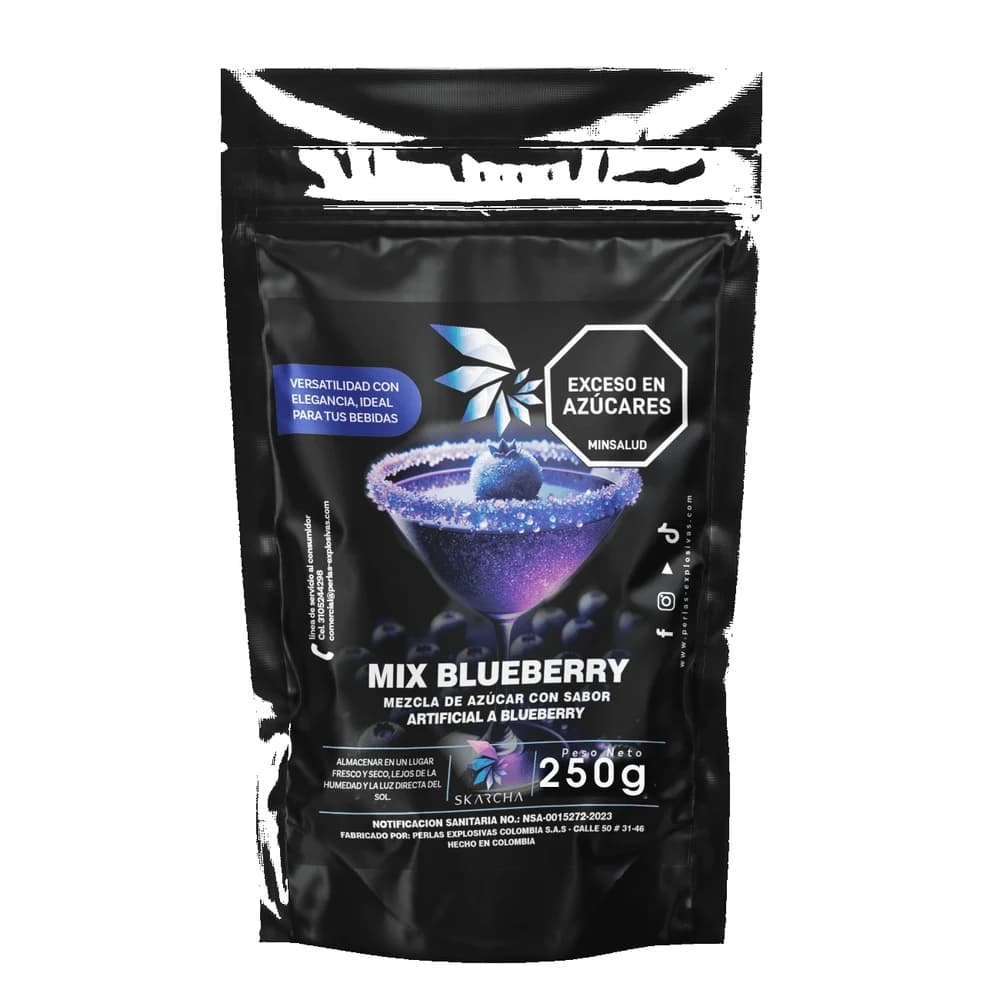 Skarcha AZUCAR BLUEBERRY 250g — escarchador para borde de copa en cócteles, micheladas y mangonadas. INVIMA vigente, Medellín.
