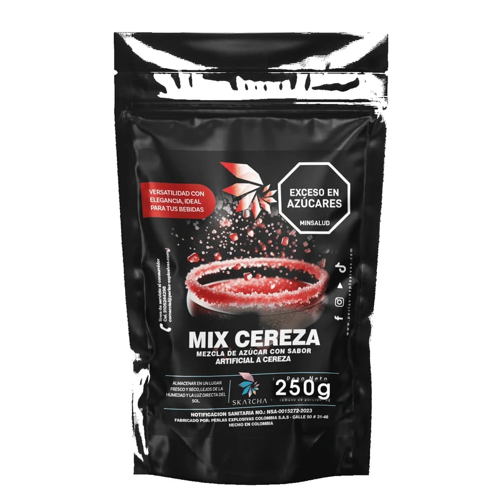 Skarcha AZUCAR CEREZA 250g — escarchador para borde de copa en cócteles, micheladas y mangonadas. INVIMA vigente, Medellín.