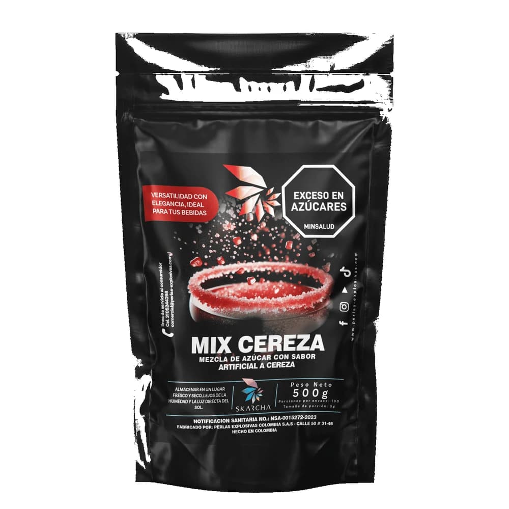 Skarcha AZUCAR CEREZA 500g — sales y azúcares saborizadas para escarchar copas de cócteles y bebidas. INVIMA vigente, Medellín.