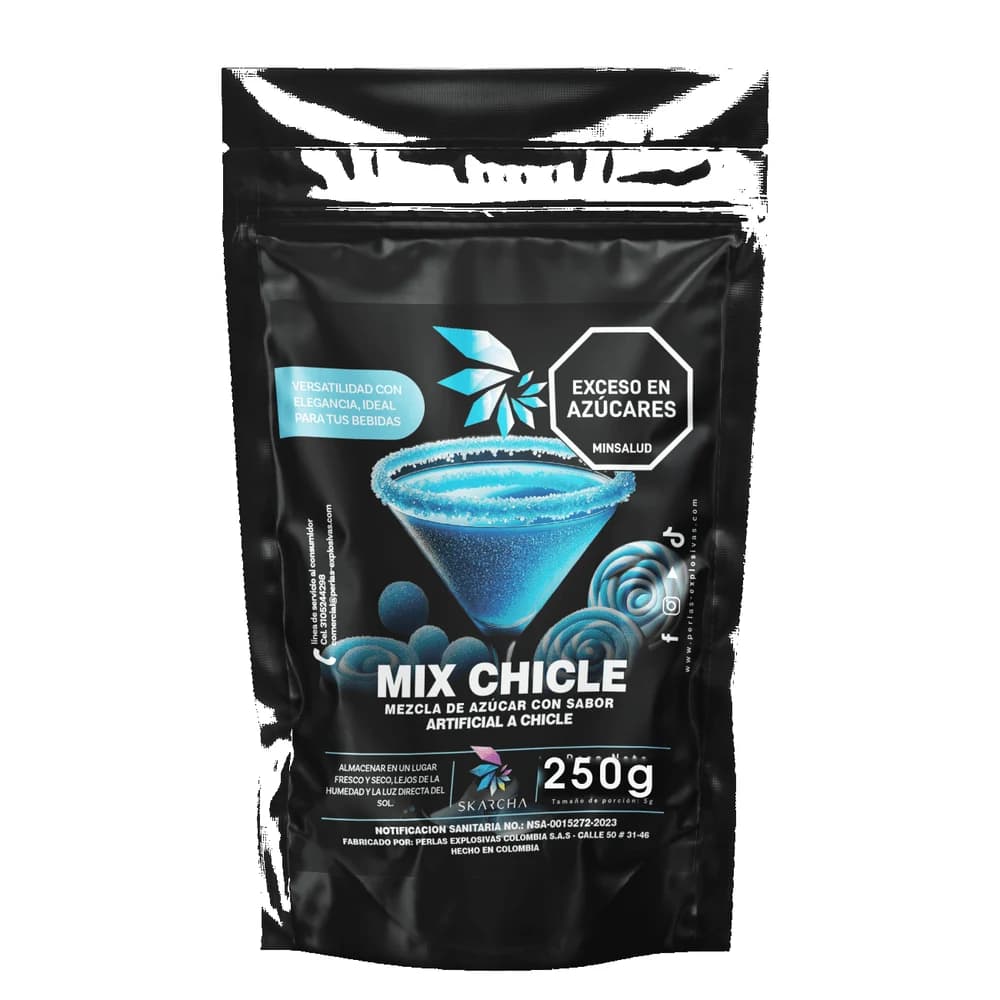 Skarcha AZUCAR CHICLE 250g — escarchador para borde de copa en cócteles, micheladas y mangonadas. INVIMA vigente, Medellín.