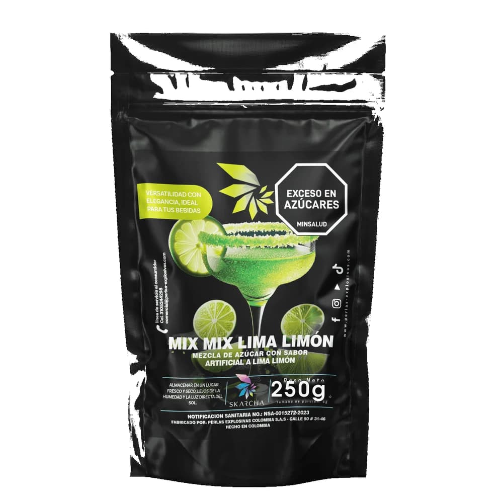 Skarcha AZUCAR LIMA LIMON 250g — borde crujiente para mangonadas, micheladas, cócteles y granizados. INVIMA vigente, Medellín.
