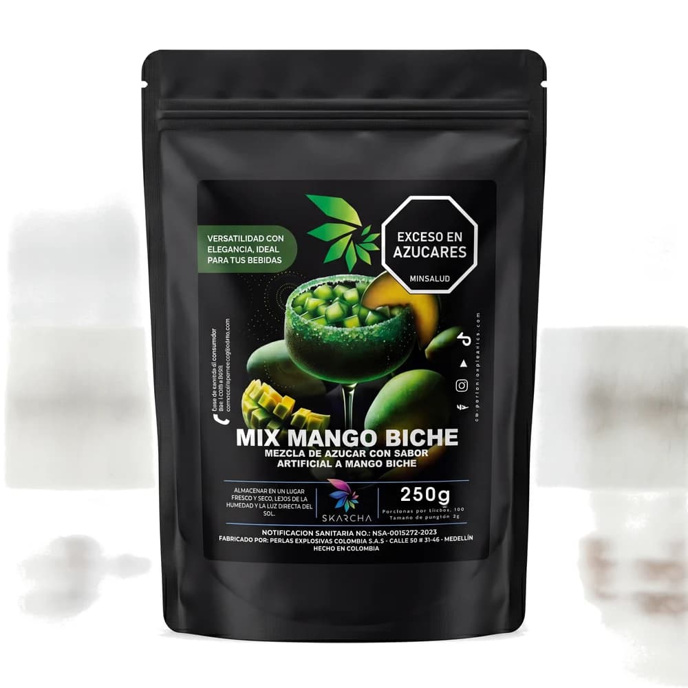Skarcha AZUCAR MANGO BICHE 250g — borde crujiente para mangonadas, micheladas, cócteles y granizados. INVIMA vigente, Medellín.