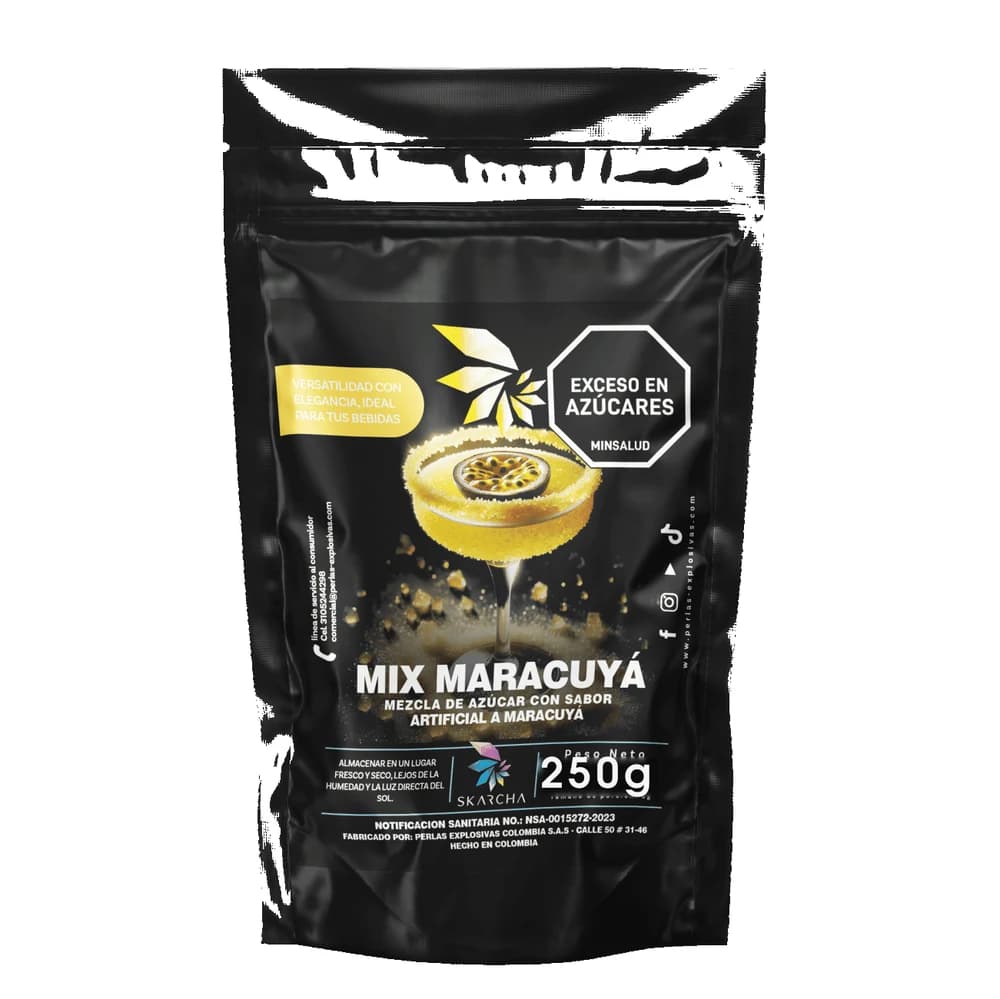 Skarcha AZUCAR MARACUYA 250g — escarchador para borde de copa en cócteles, micheladas y mangonadas. INVIMA vigente, Medellín.