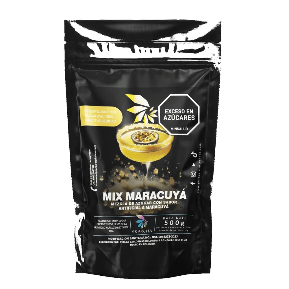 Skarcha AZUCAR MARACUYA 500g — borde crujiente para mangonadas, micheladas, cócteles y granizados. INVIMA vigente, Medellín.