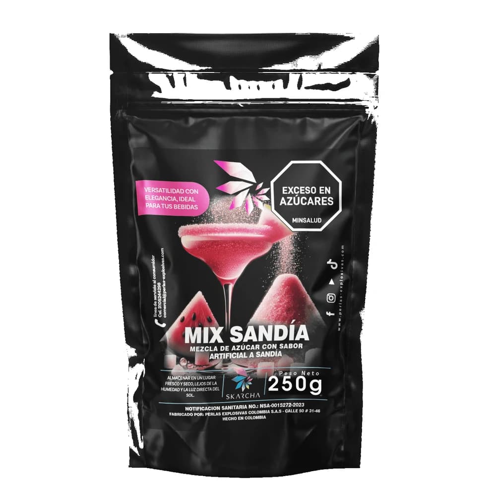Skarcha AZUCAR SANDIA 250g — escarchador para borde de copa en cócteles, micheladas y mangonadas. INVIMA vigente, Medellín.