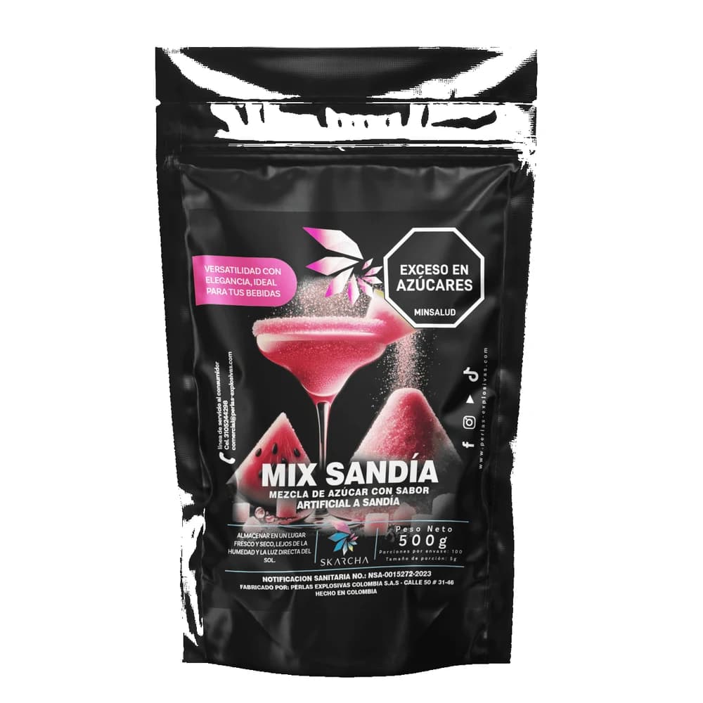 Skarcha AZUCAR SANDIA 500g — borde crujiente para mangonadas, micheladas, cócteles y granizados. INVIMA vigente, Medellín.