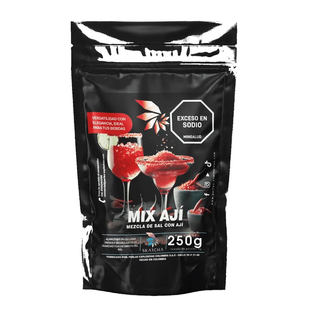 Skarcha SAL AJI 250g — borde crujiente para mangonadas, micheladas, cócteles y granizados. INVIMA vigente, Medellín.
