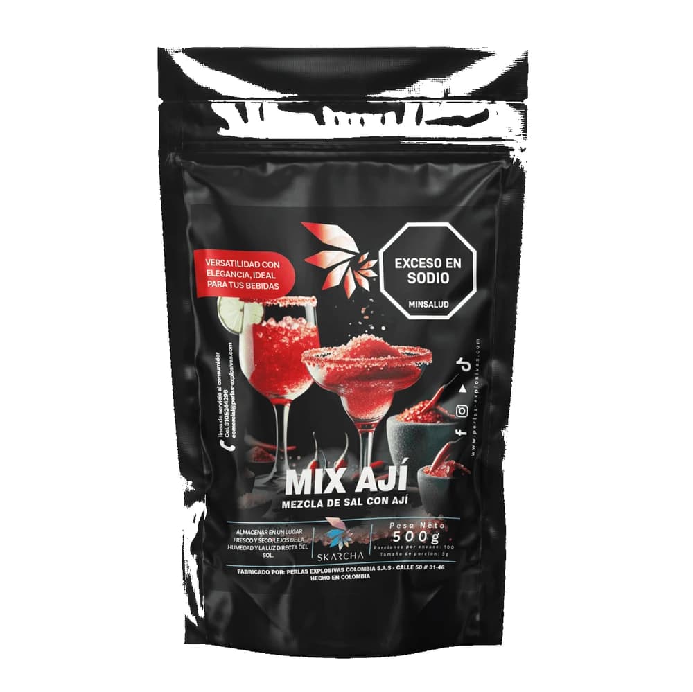 Skarcha SAL AJI 500g — escarchador para borde de copa en cócteles, micheladas y mangonadas. INVIMA vigente, Medellín.