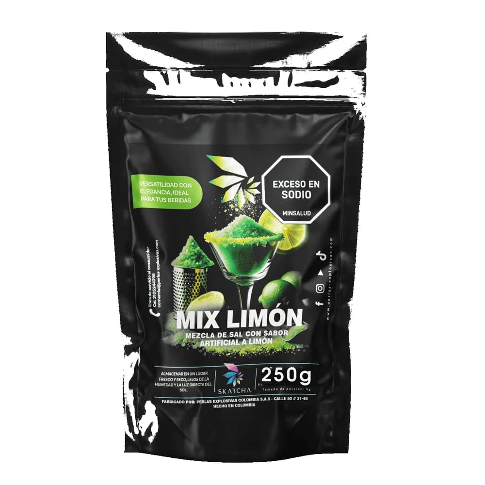 Skarcha SAL LIMON 250g — sales y azúcares saborizadas para escarchar copas de cócteles y bebidas. INVIMA vigente, Medellín.