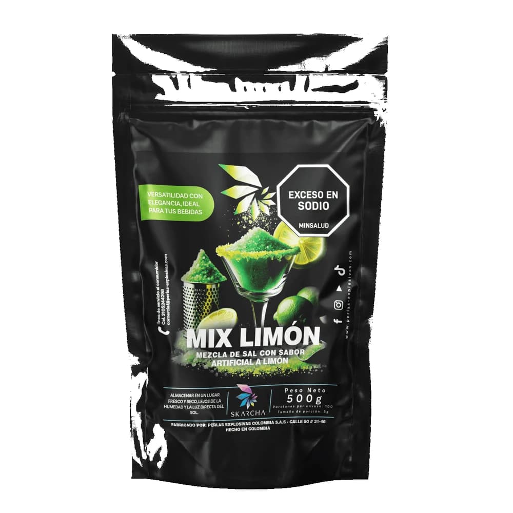 Skarcha SAL LIMON 500g — sales y azúcares saborizadas para escarchar copas de cócteles y bebidas. INVIMA vigente, Medellín.