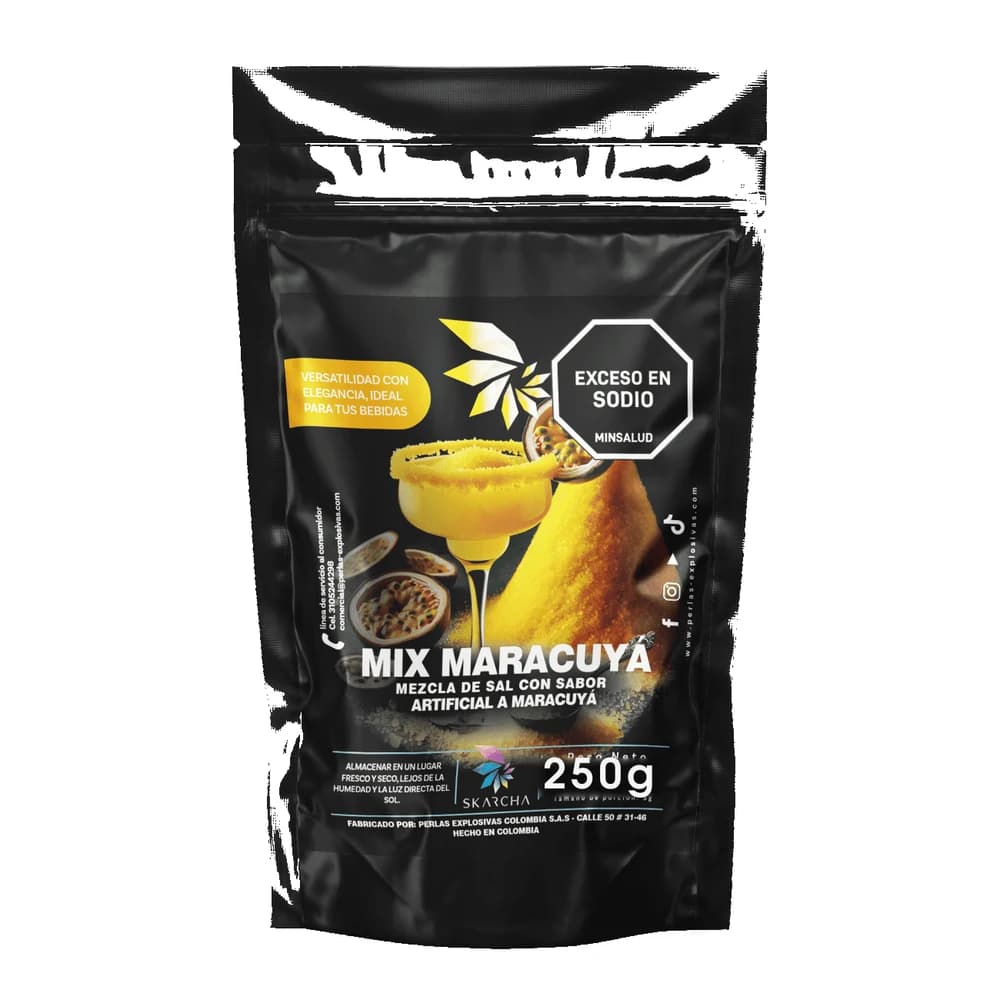 Skarcha SAL MARACUYÁ 250g — borde crujiente para mangonadas, micheladas, cócteles y granizados. INVIMA vigente, Medellín.