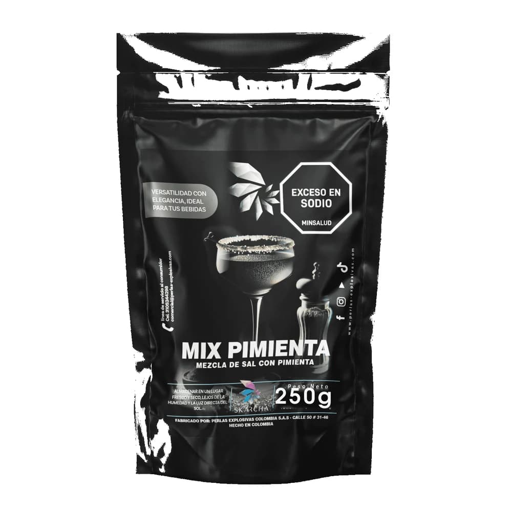 Skarcha SAL PIMIENTA 250g — sales y azúcares saborizadas para escarchar copas de cócteles y bebidas. INVIMA vigente, Medellín.