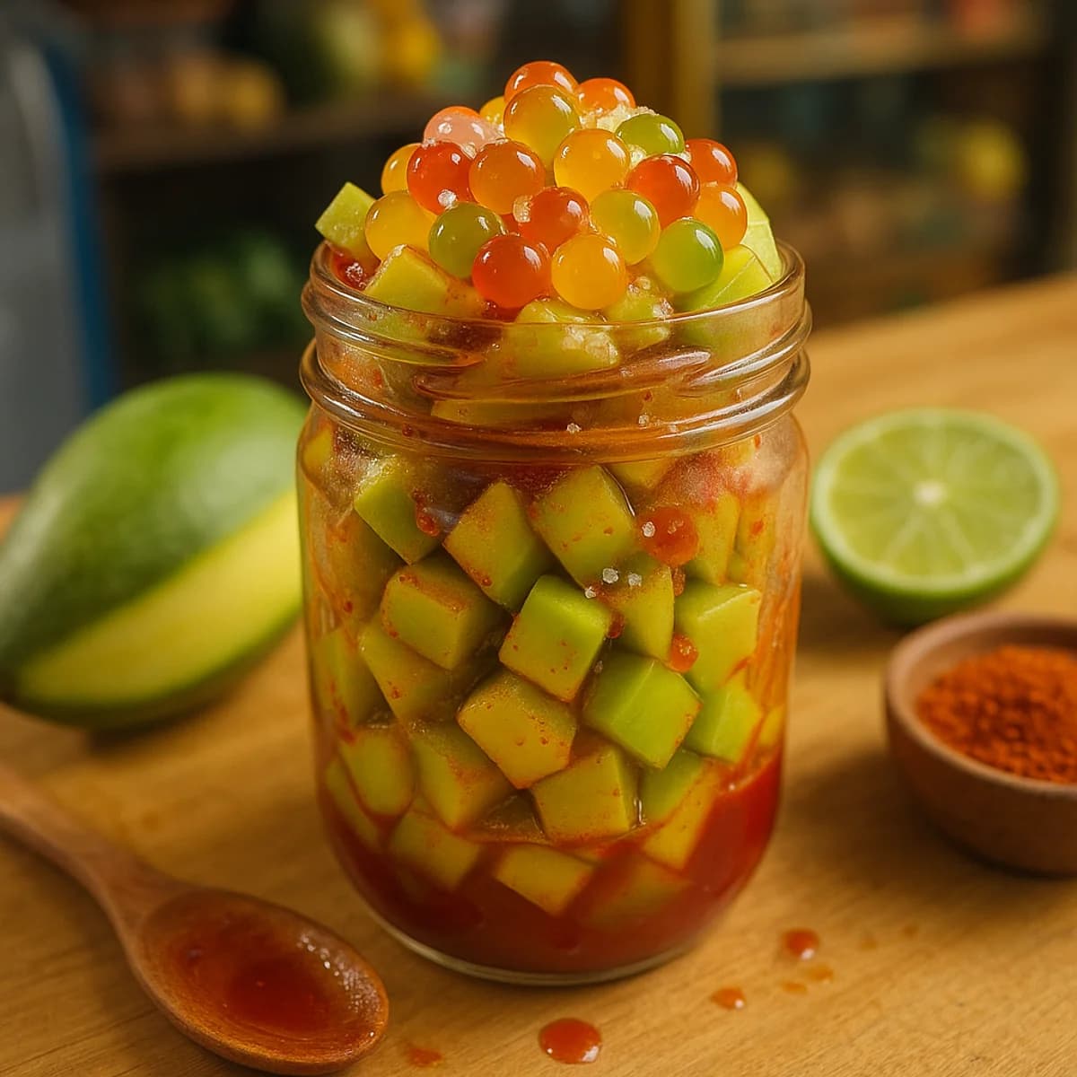 Mango biche en cubos con chamoy, chile y perlas explosivas LiquiPops en frasco — snack mexicano agridulce