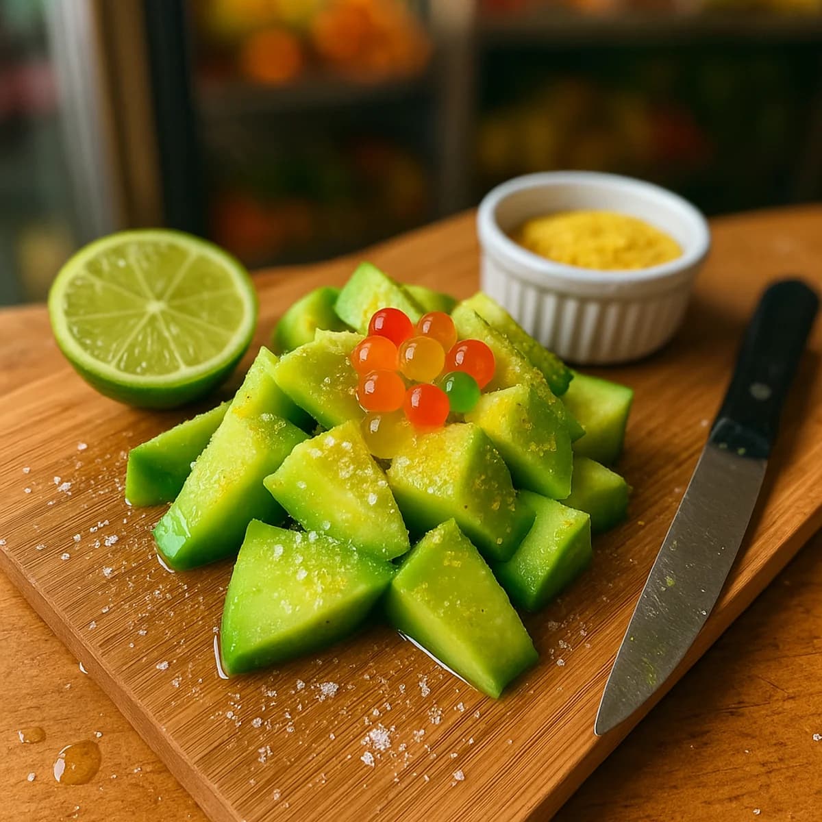 Mango biche en tajadas con sal, limon y perlas explosivas LiquiPops sobre tabla de madera — botana fresca