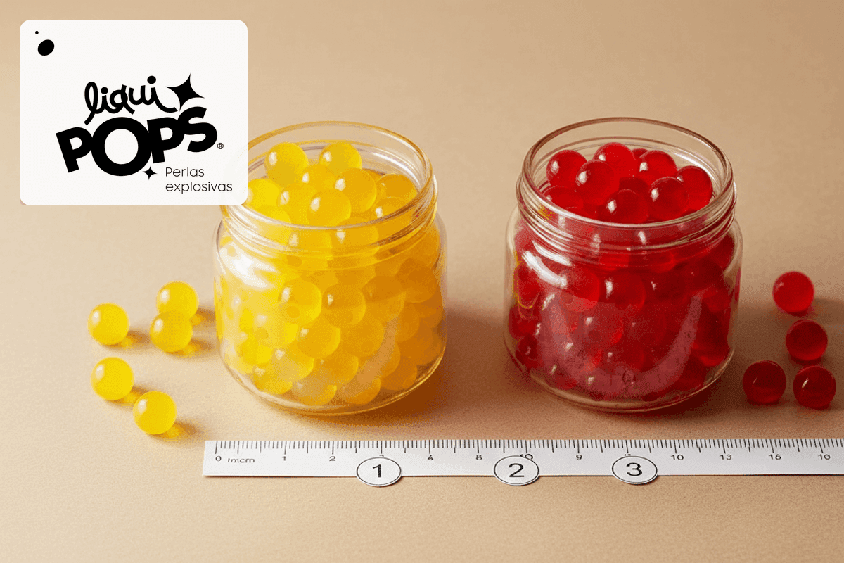 Comparativa visual: dos frascos de perlas explosivas (uno amarillo, uno rojo) lado a lado con una regla y tarjetas numeradas 1, 2 y 3 indicando criterios objetivos