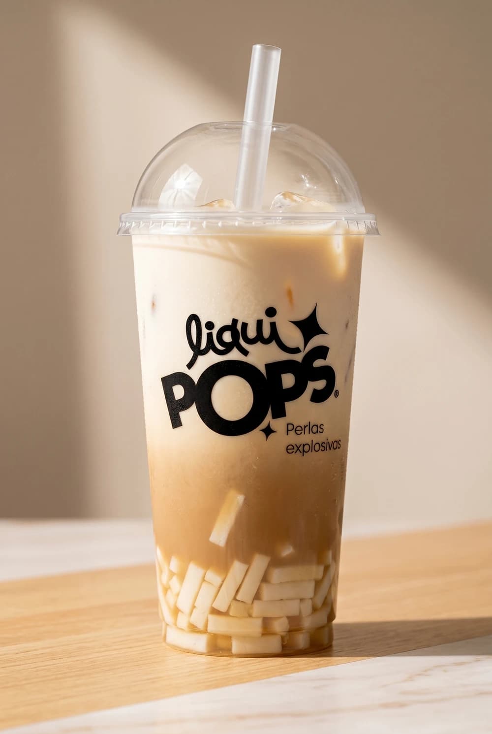 Houjicha latte — bubble tea con perlas explosivas y jellys Yexis LiquiPops