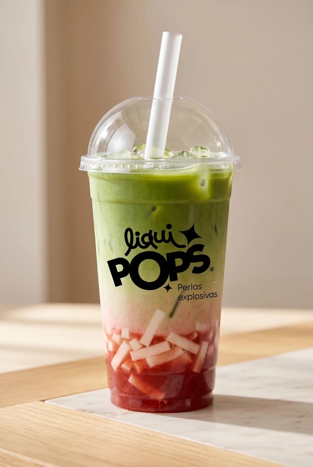 Matcha fresa — bubble tea con perlas explosivas y jellys Yexis LiquiPops