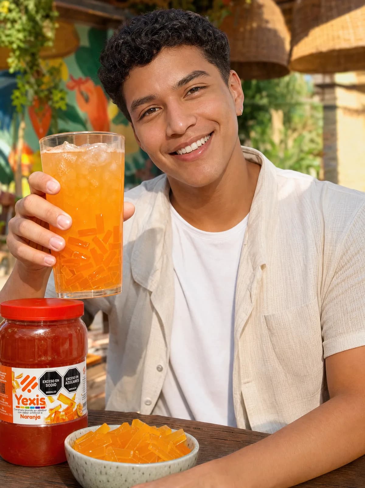 Joven disfrutando una bebida de naranja con jellys Yexis sabor naranja, junto al tarro y un bowl de cubos de gelatina
