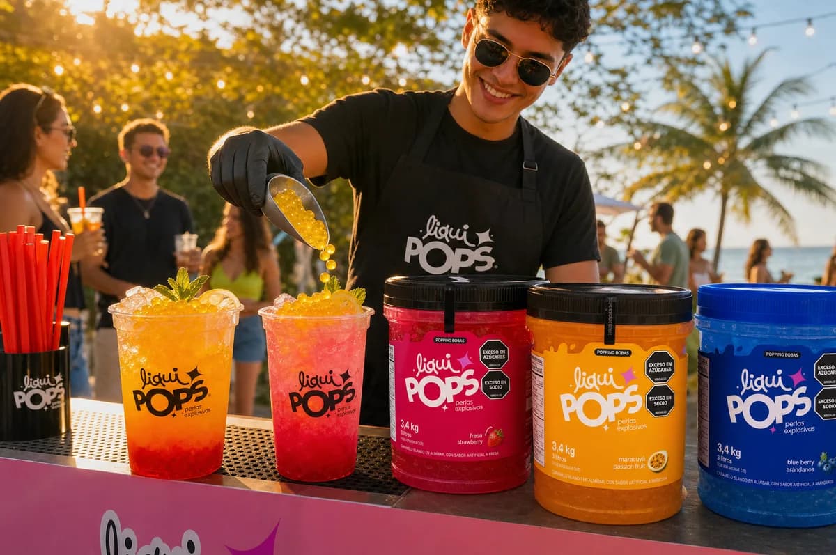 Bebidas frutales con perlas explosivas LiquiPops — chico sirviendo perlas amarillas en barra de playa con tarros de fresa, maracuyá y blueberry