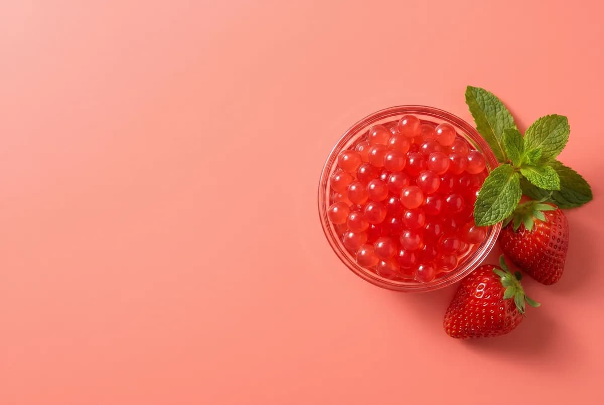 Bowl de perlas explosivas de fresa con fresas frescas y menta sobre fondo coral — perlas explosivas LiquiPops para bebidas