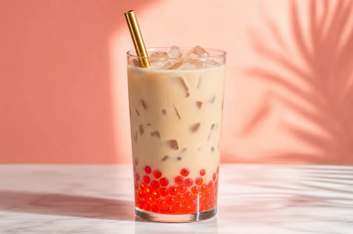 Bubble tea de cafe con perlas explosivas rojas LiquiPops y pitillo dorado, sobre marmol con fondo coral