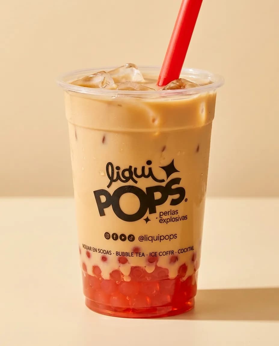 Vaso de bubble tea sabor cafe con perlas explosivas rojas LiquiPops en el fondo, sobre fondo crema