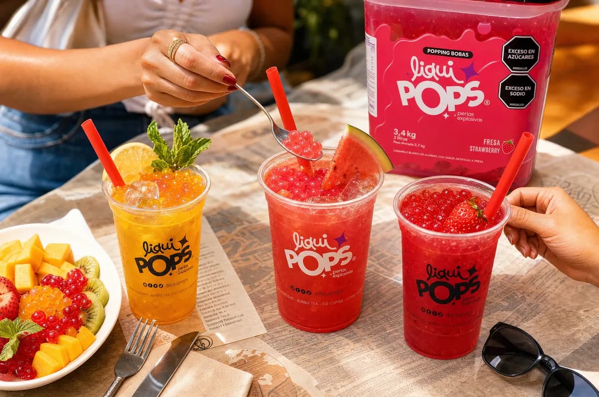 Vasos de bubble tea de fresa, maracuyá y sandía con perlas explosivas LiquiPops — amigos disfrutando en una mesa