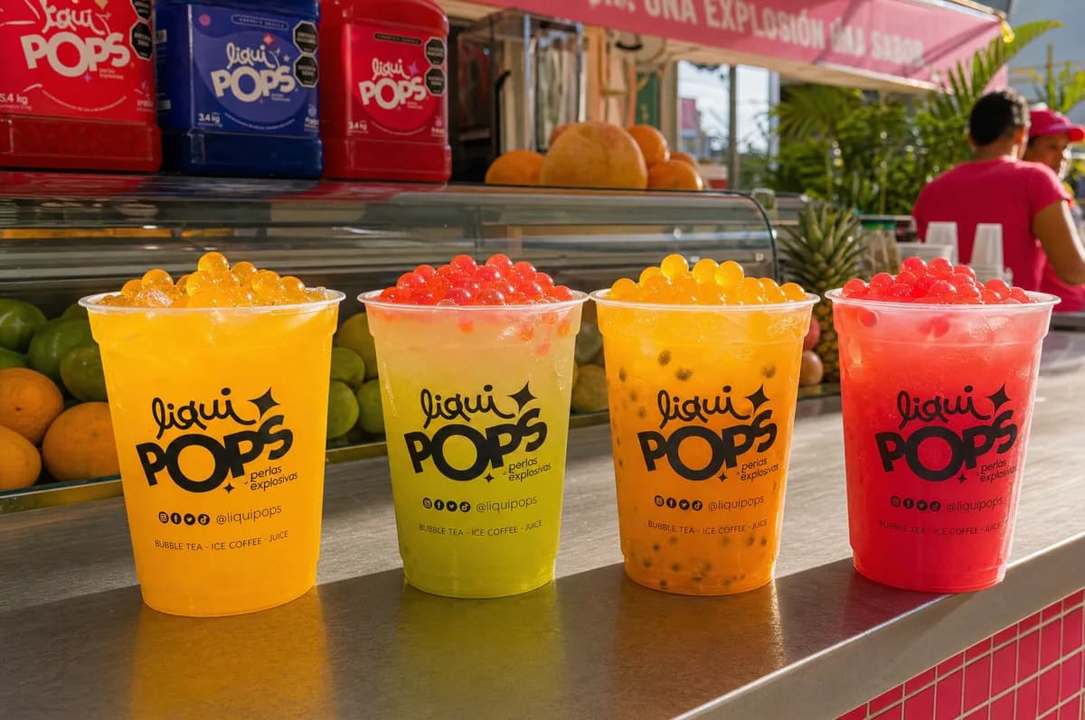 Cuatro vasos de bubble tea de mango, kiwi, maracuyá y sandía con perlas explosivas LiquiPops en un carrito de bebidas
