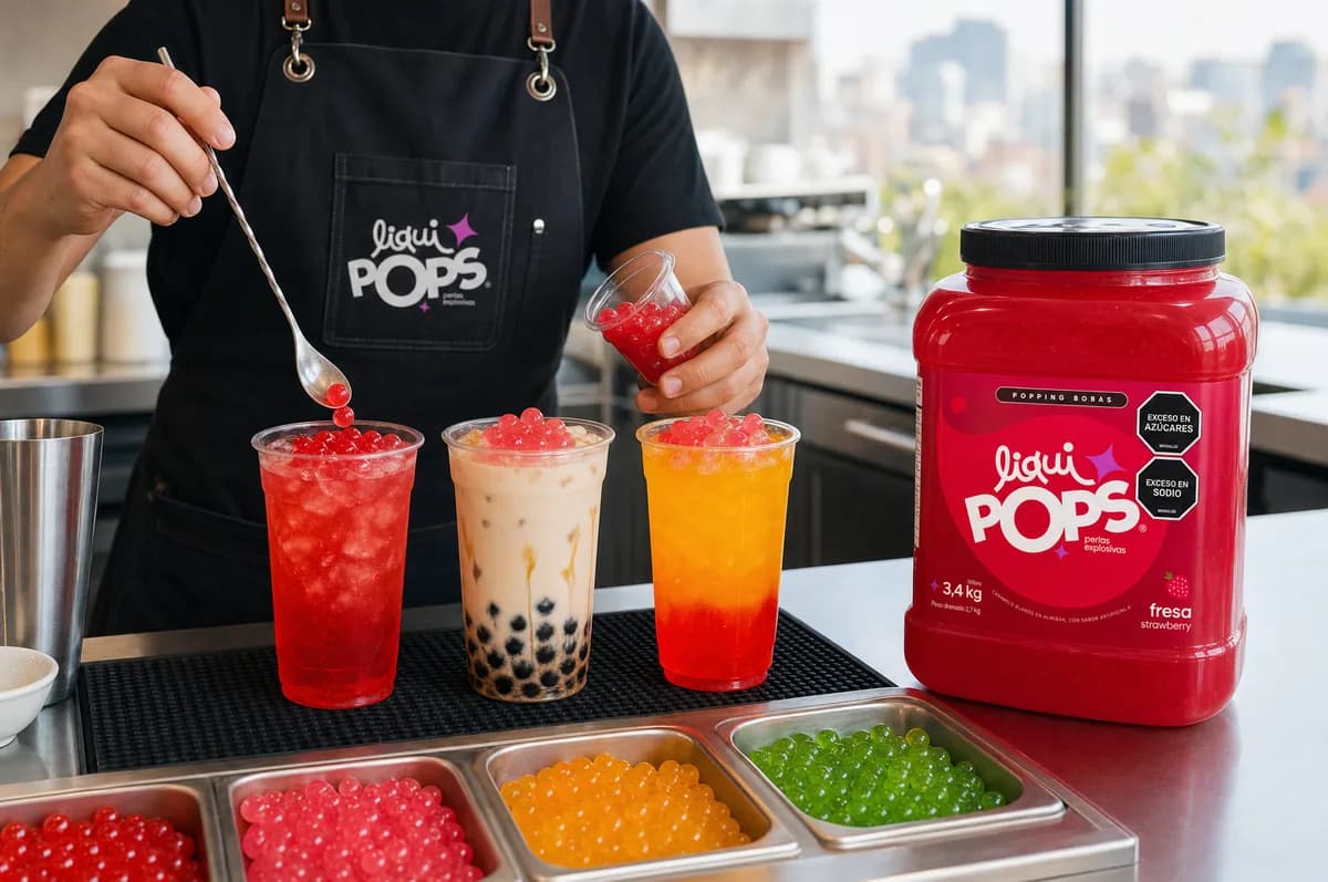 Tres bebidas con perlas explosivas y bubble tea LiquiPops sobre barra junto a bandejas de perlas de colores y bote de fresa