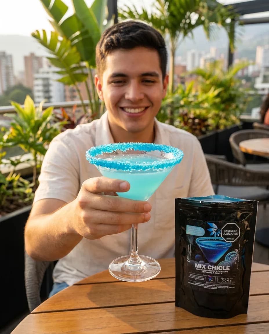 Cóctel celeste sabor chicle con borde escarchado azul y perlas explosivas LiquiPops — chico sonriendo en terraza tropical