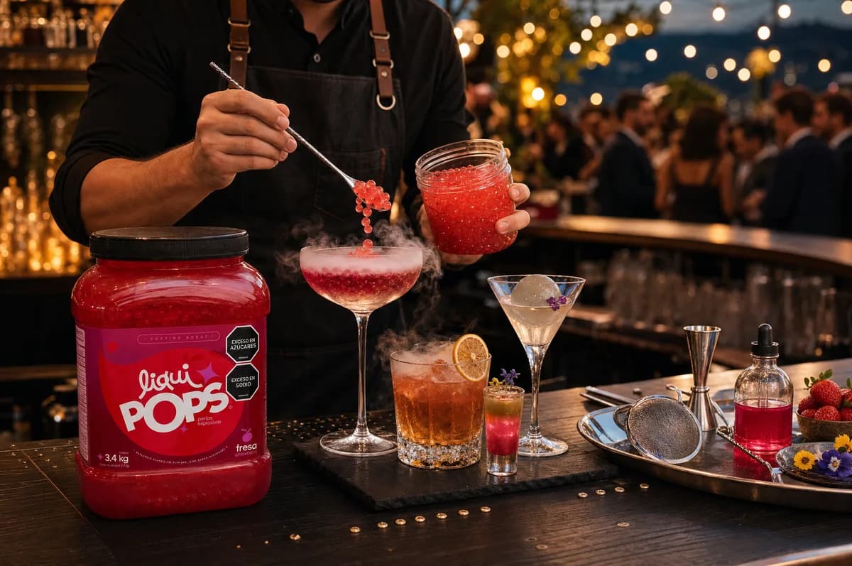 Bartender sirviendo perlas explosivas LiquiPops sabor fresa con cuchara sobre una copa de coctel en una barra al atardecer
