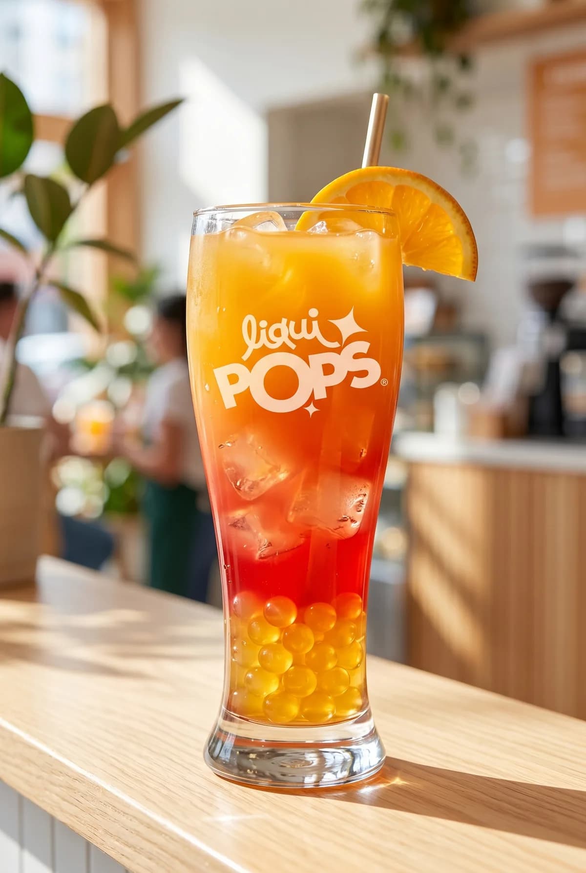 Coctel de frutos rojos en copa con perlas explosivas rojas, mora y menta LiquiPops — barra de cafeteria
