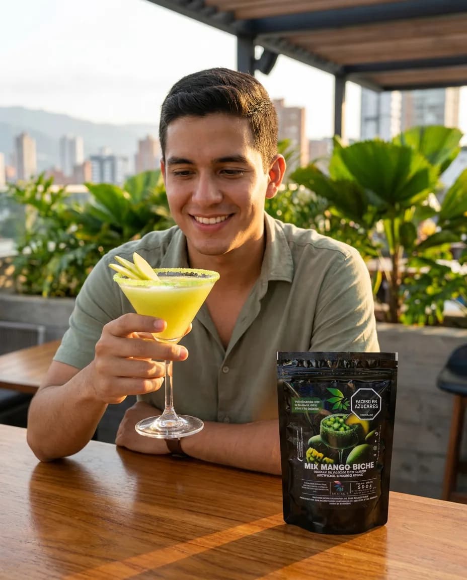 Cóctel de mango biche con perlas explosivas LiquiPops junto a la mezcla en polvo Mix Mango Biche en terraza