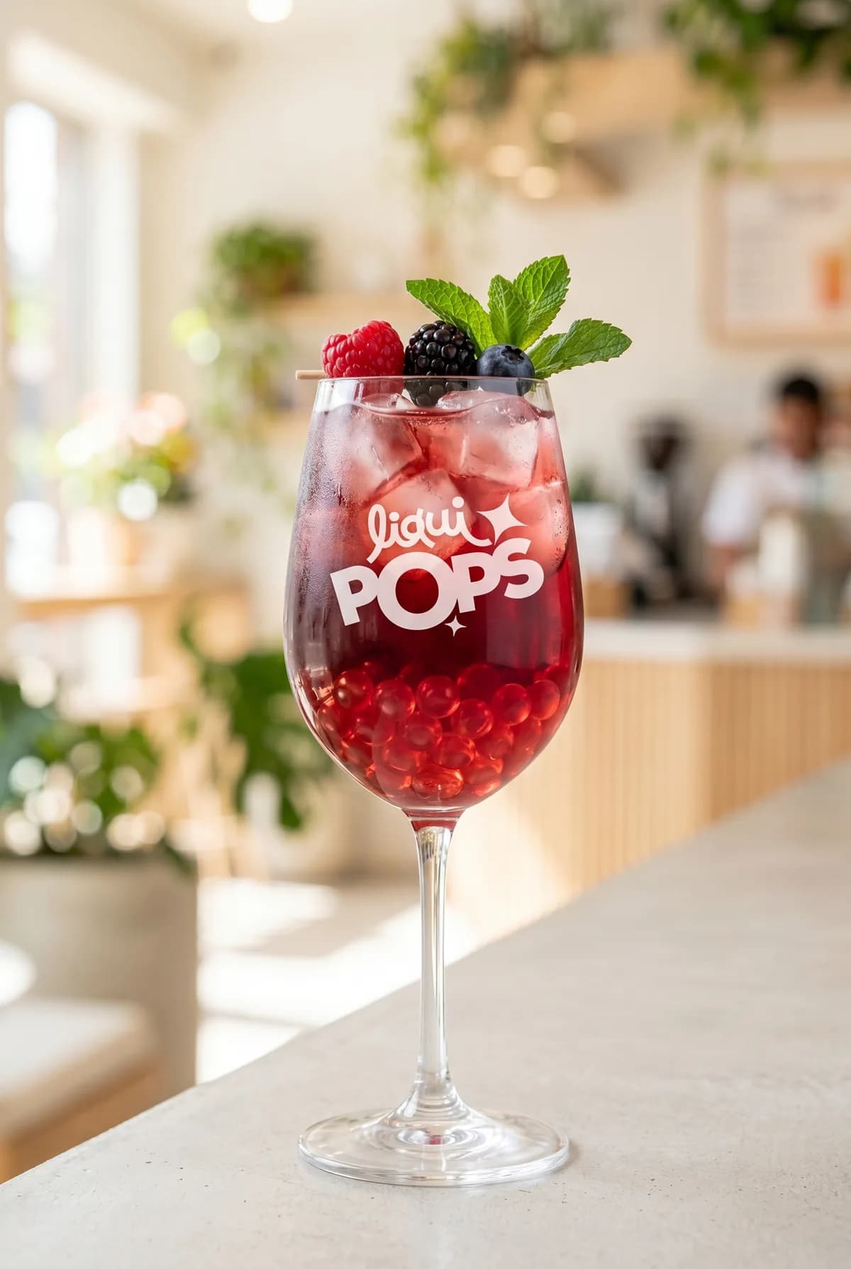 Coctel degradado naranja con granadina, rodaja de naranja y perlas explosivas amarillas LiquiPops — vaso alto sobre barra