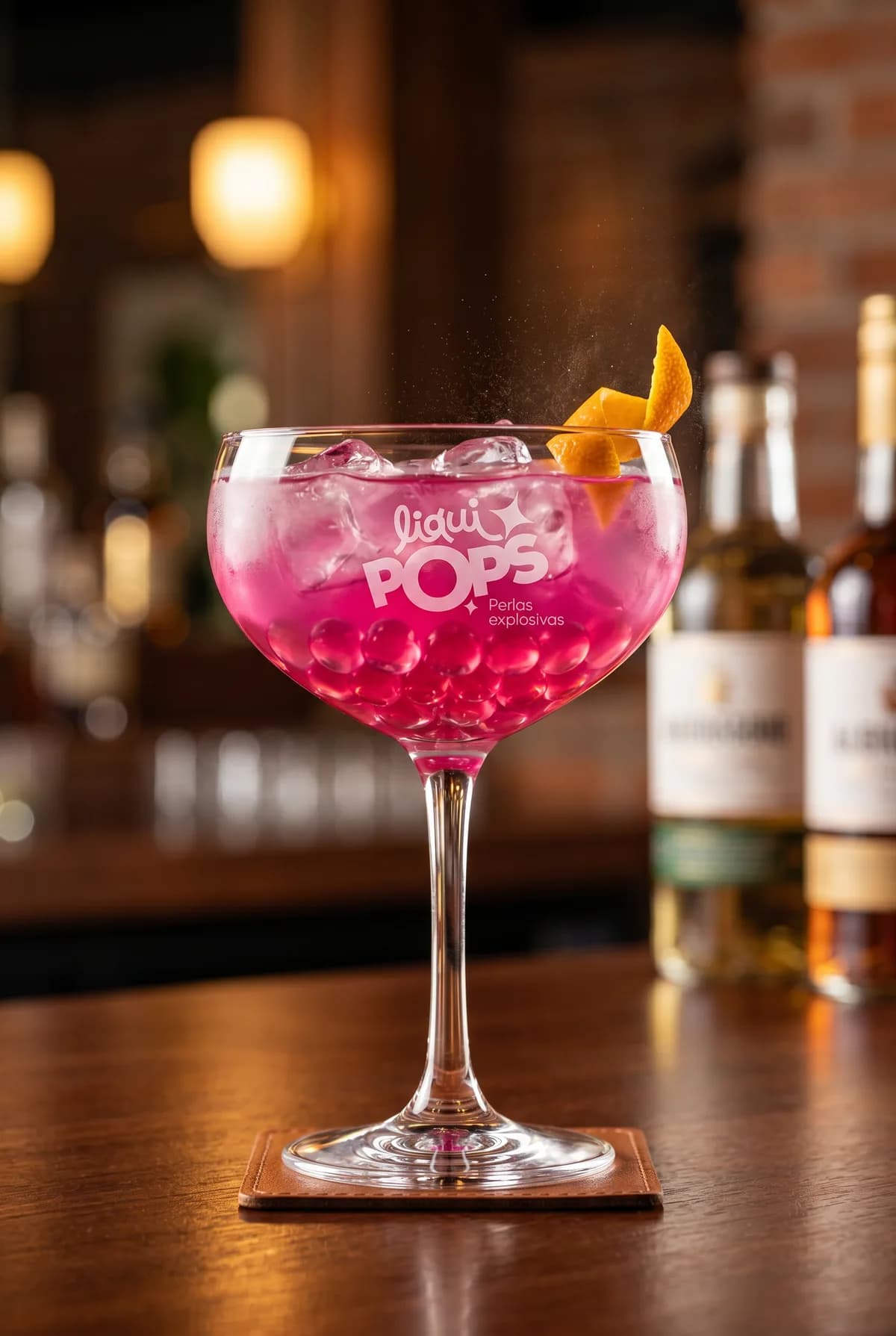 Cóctel rosa fucsia en copa coupe con perlas explosivas rosadas LiquiPops y cáscara de naranja — barra con botellas al fondo