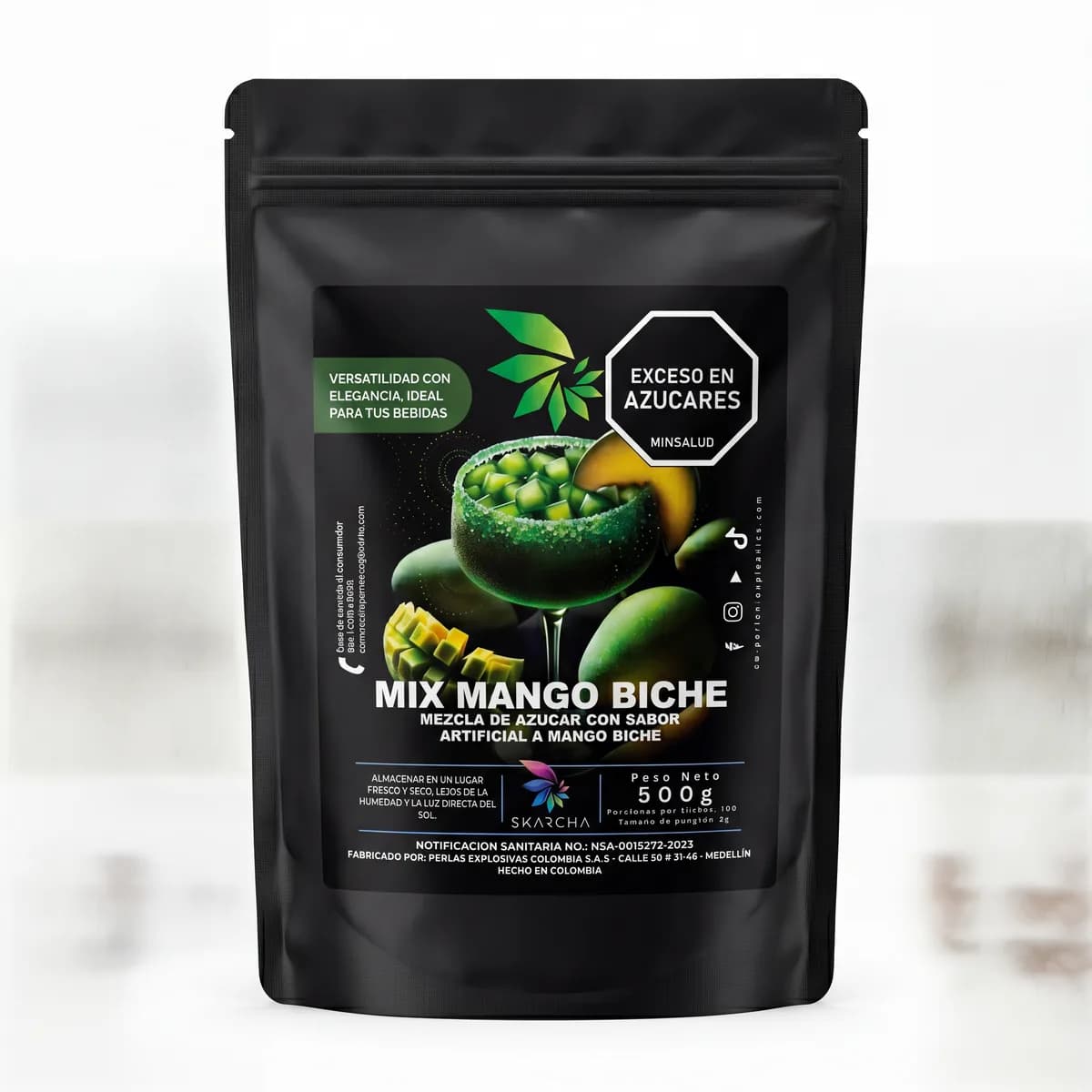 Empaque de mezcla de azúcar Skarcha mango biche 500g sobre fondo claro, para escarchar bebidas con perlas explosivas LiquiPops
