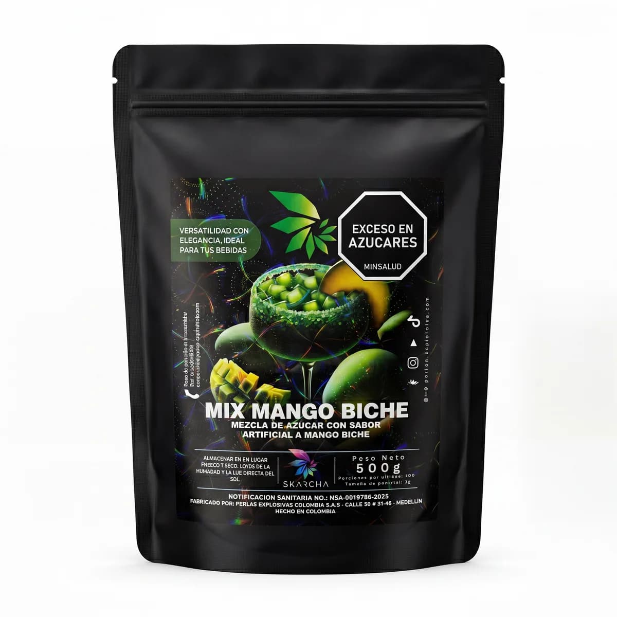Bolsa de escarchador Skarcha mango biche con diseño neón sobre fondo claro, para preparar bebidas con perlas explosivas LiquiPops