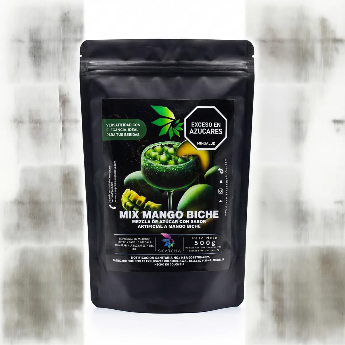Packshot del escarchador Skarcha mango biche 500g, mezcla de azúcar para bebidas con perlas explosivas LiquiPops