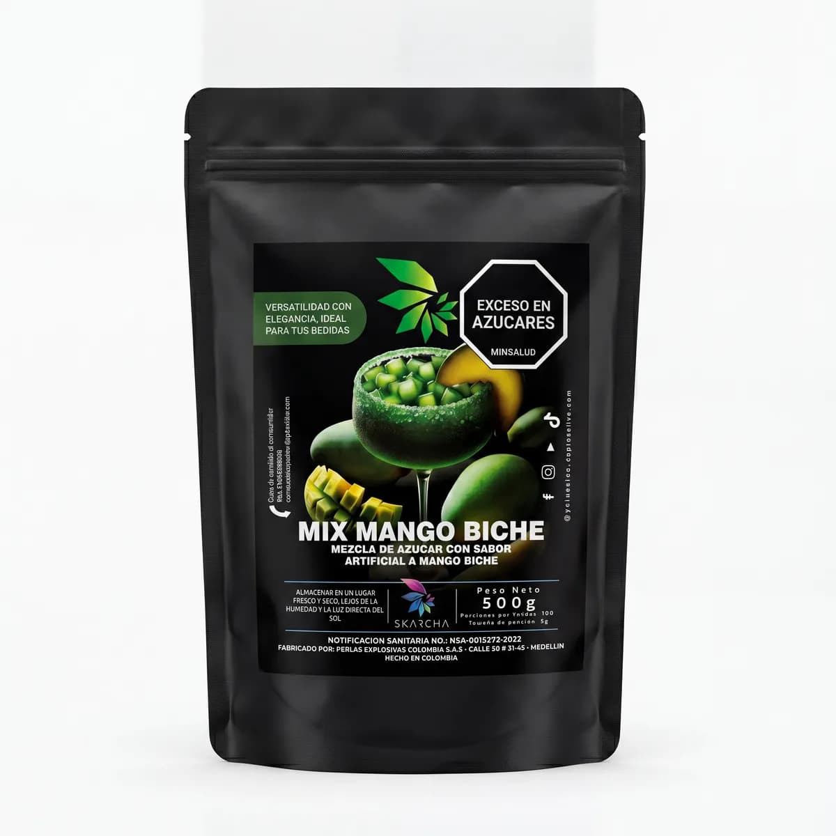 Bolsa de escarchador Skarcha mix mango biche 500g fabricado en Colombia, ideal para bebidas con perlas explosivas LiquiPops