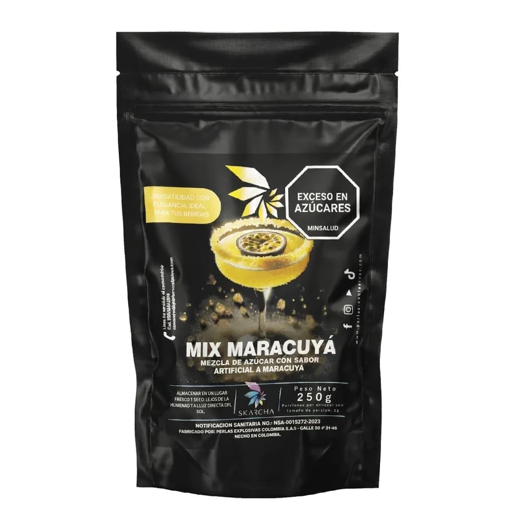Vista frontal del escarchador Skarcha mix maracuyá 250g, mezcla de azúcar para escarchar bebidas con perlas explosivas LiquiPops