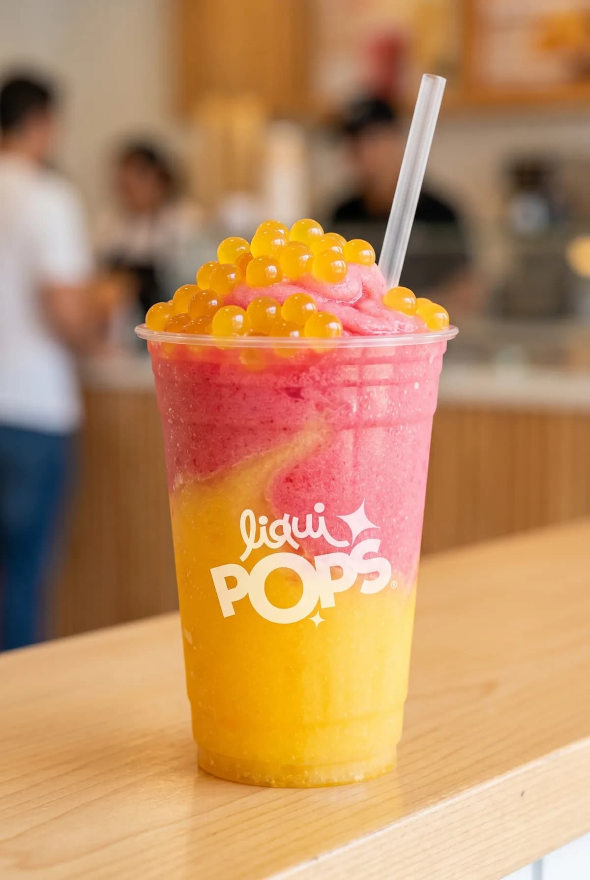 Granizado bicolor de fresa y mango con perlas explosivas naranjas LiquiPops — vaso LiquiPOPS sobre mesa de madera