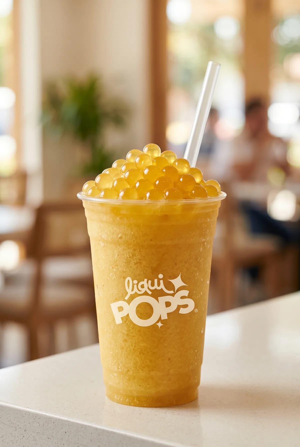 Granizado de mora azul con perlas explosivas violetas LiquiPops — bebida helada en vaso de mostrador