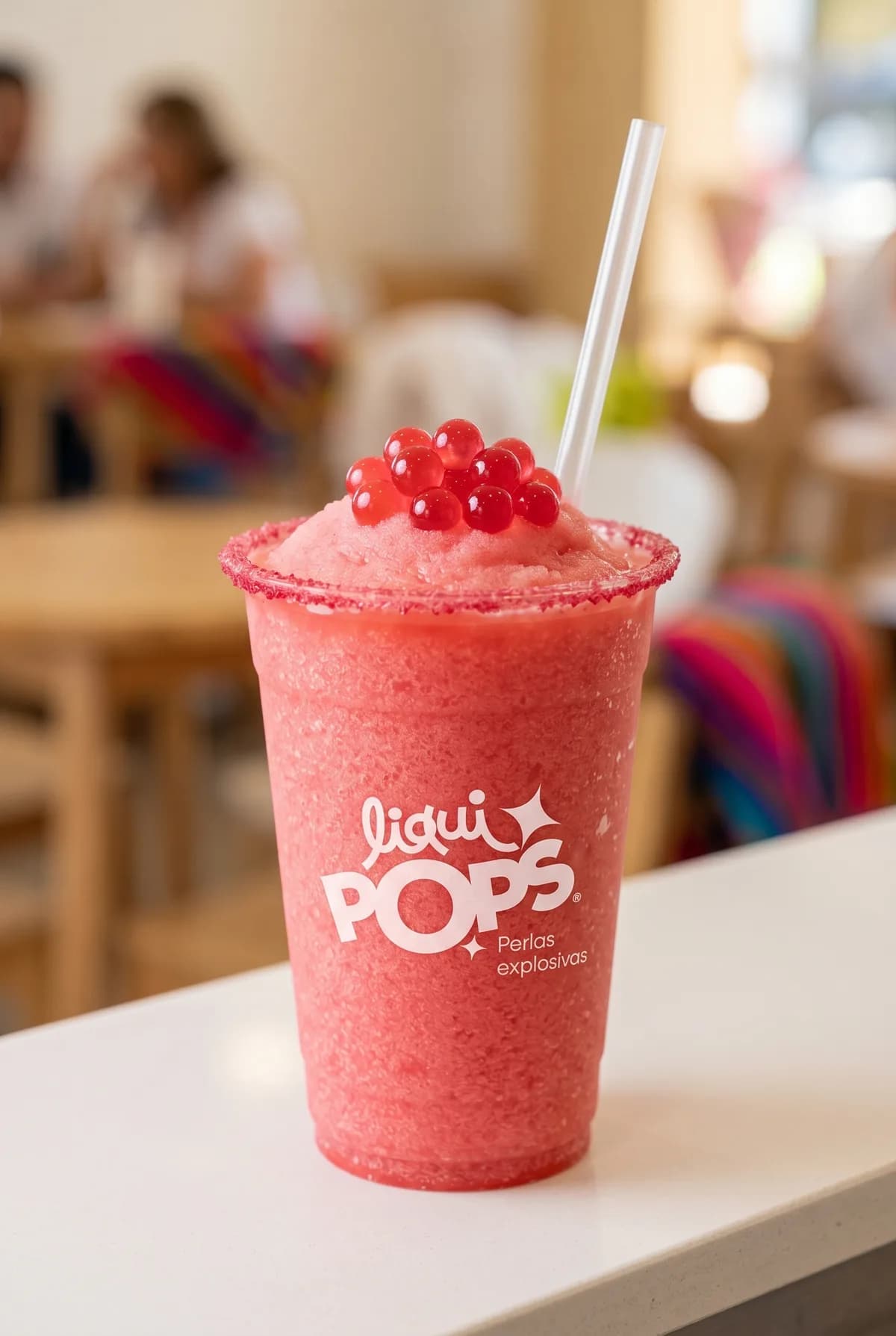 Granizado rosado de sandía con escarchado y perlas explosivas rojas LiquiPops — vaso LiquiPOPS sobre mesa blanca