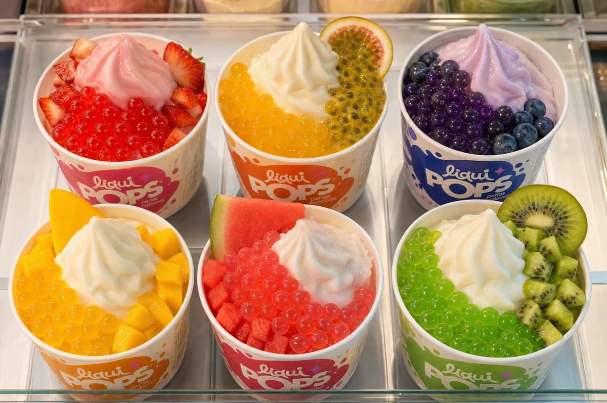 Seis vasos de yogur helado con frutas y perlas explosivas de colores LiquiPops sabores fresa, maracuyá, mora, mango, sandía y kiwi — vitrina surtida