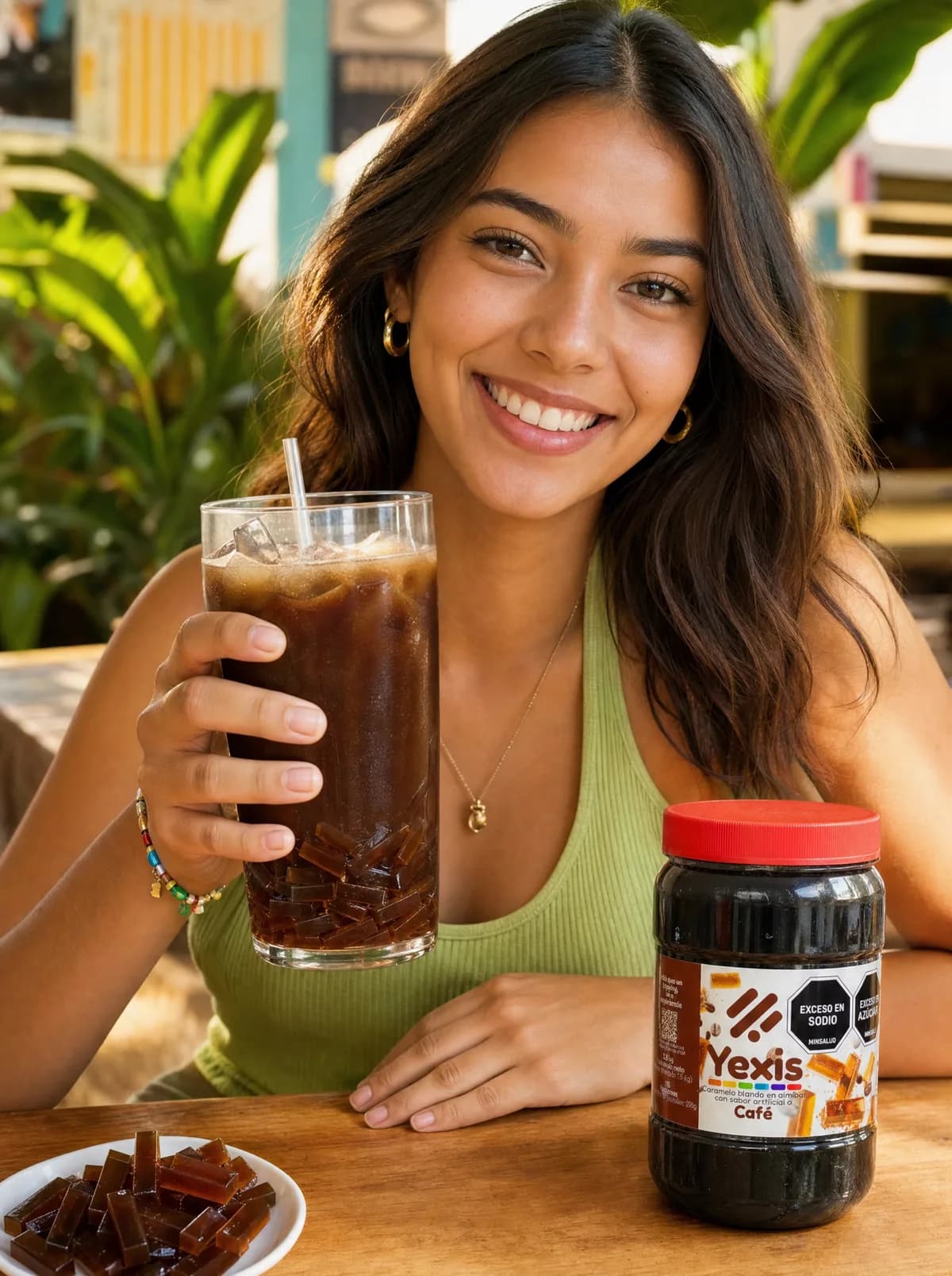 Chica disfrutando una bebida fría de café con jellys sabor café Yexis y perlas explosivas LiquiPops — en una cafetería al aire libre